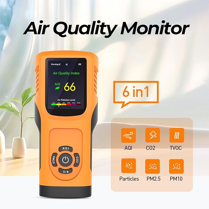 Portable 6-in-1 Air Quality Monitor Indoor Air Quality Tester Air Quality Meter with CO2 TVOC PM2.5 PM10 Particles AQI Detector for Cars Home School Office 3000mAh Battery