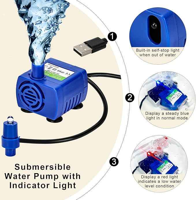Submersible Water Pump, Small USB Quiet Cat Water Fountain Pump for Pet, Fish Tank, Aquarium DC5V 1.5W 200L/H with Light (3, Blue)