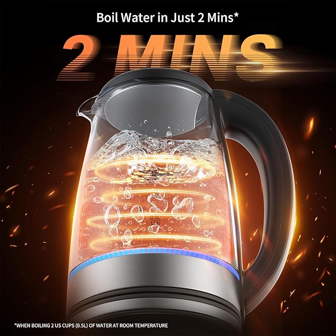 Electric Kettle Glass 2L, 1500W Fast Boiling Hot Water Boiler with Auto Shut-Off, LED Light, BPA-Free, Borosilicate Glass, Stainless Steel Interior, Wide Opening, Cordless Tea Kettle