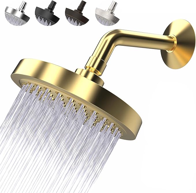 High Pressure Shower Head - Anti-Clogging Silicone Nozzles - 2.5 GPM Removable Restrictor - Easy to Clean Adjustable Replacement - easy to install with Plumbers Tape - 6 inch - Elegant Gold Finish - AquaVibe
