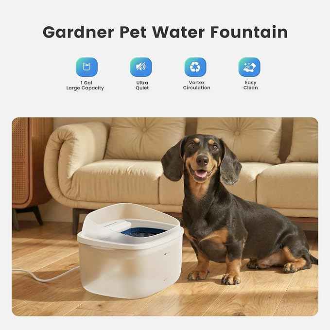 Gardner Pet Cat Fountain 1 Gallon, Vortex Dog Water Fountain, Ultra Quiet Automatic Cat Fountain with Filter, Transparent Tank, Splash-Proof, Easy to Clean,Without Adapter (White)