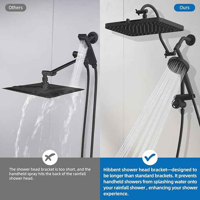 Hibbent cUPC Certified 13'' Shower Head Combo, High Pressure 5 Spray Rainfall Showerhead, 10 Spray Mode Handheld, All Metal Easy Reach 4-way Diverter Arm with Pause Mode, 71'' Hose and Holder, Black