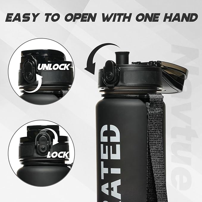 Water Bottle, 32 oz Sports Water Bottles with Time Marker Wide Mouth, Motivational and Leakproof Drink Bottle, BPA Free Tritan with Carry Strap for Gym Fitness Outdoor(1 Bottle)