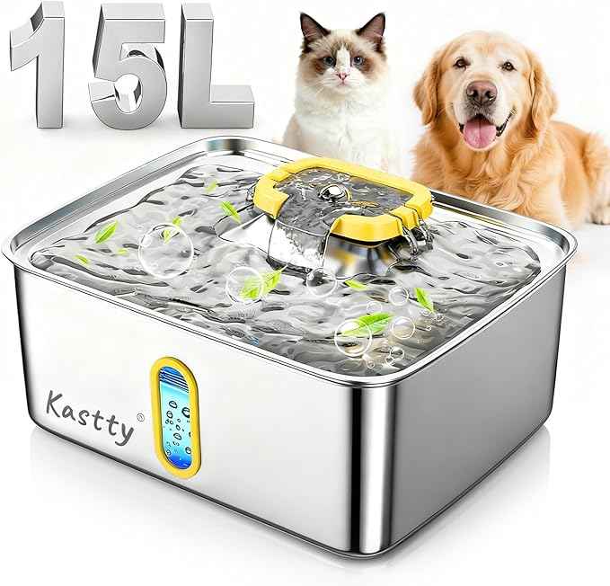 Kastty 15L/3.96 Gal Stainless Steel Dog Water Fountain, Large Capacity Dog Water Bowl Dispenser Quiet LED Light Triple Filtration Cat Water Fountain,Pet Water Fountain Easy Clean(FS78,Yellow)
