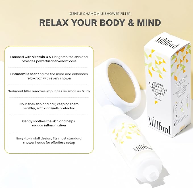 Vitamin C Shower Filter - Korean Purifier for Hard Water, Removes 99% Chlorine & Impurities, Natural Shower Infuser Detox, Deep Cleansing for Skin & Hair Hydration Boost (Chamomile Scent)