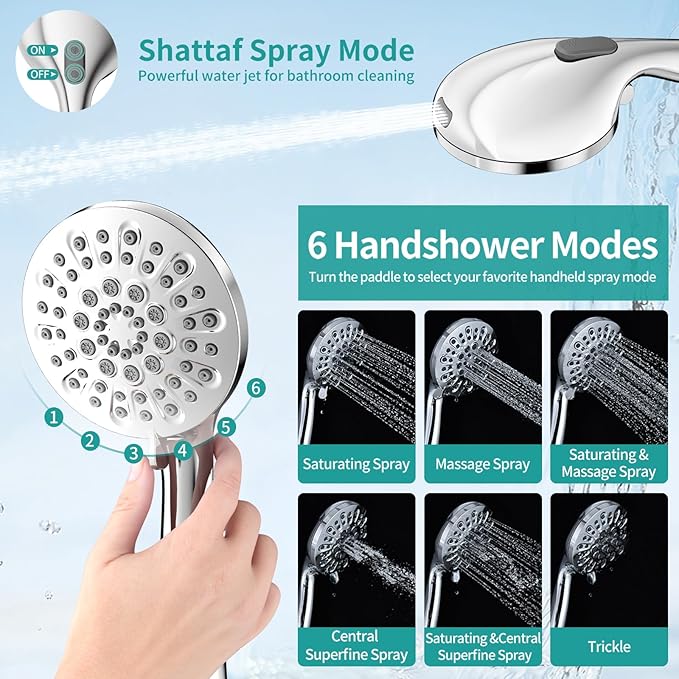 MIAOHUI High Pressure Rain Shower Head with 7 Settings Handheld Spray, Dual Shower Heads with Handheld Spray Combo, 10 Inch Luxury Rainfall Shower Head and Handle Set with Filter (Chrome)
