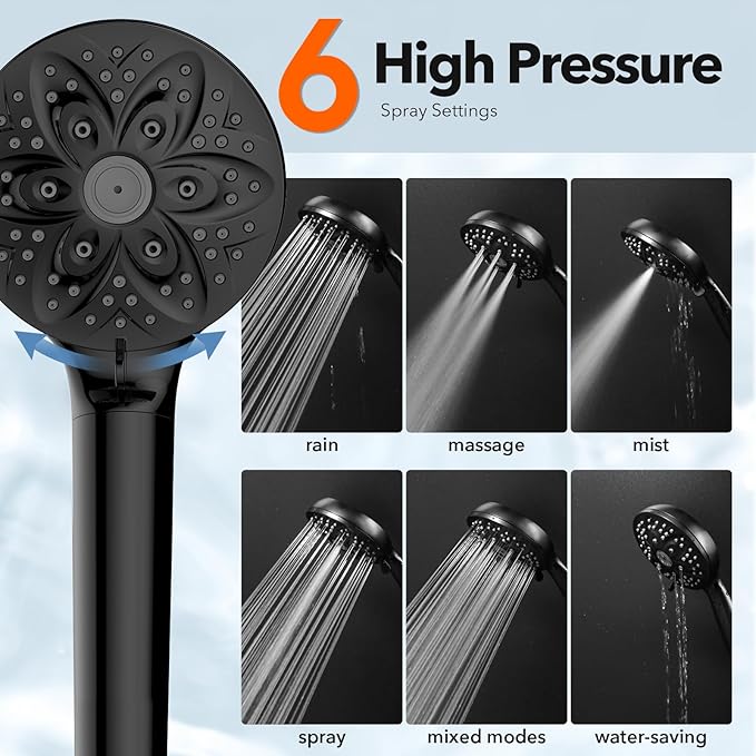 6-Setting Filtered Handheld Shower Head, JDO High Pressure Shower Head with Replaceable Filter Cartridge 4.7 Inch Detachable Showerhead for Chlorine Hard Water Removal, 59 Inch Stainless Steel Hose