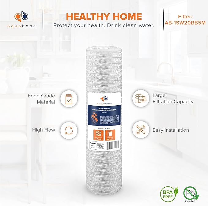Aquaboon 5 Micron 20 x 4.5 Whole House String Wound Water Filter Replacement Cartridge for Well Water Filtration Compatible with WP5BB20P, 10-Pack