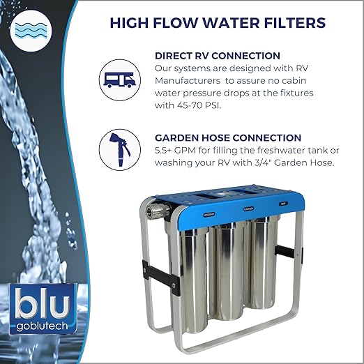 GoBluTech AR3 XLT, RV Water Filter System, 0.2 Micron Filter for Campers with Compact 10-inch Filters, 3 Stage Premium Filtration System, for RVs, Vans, and Boats - US Veteran Owned