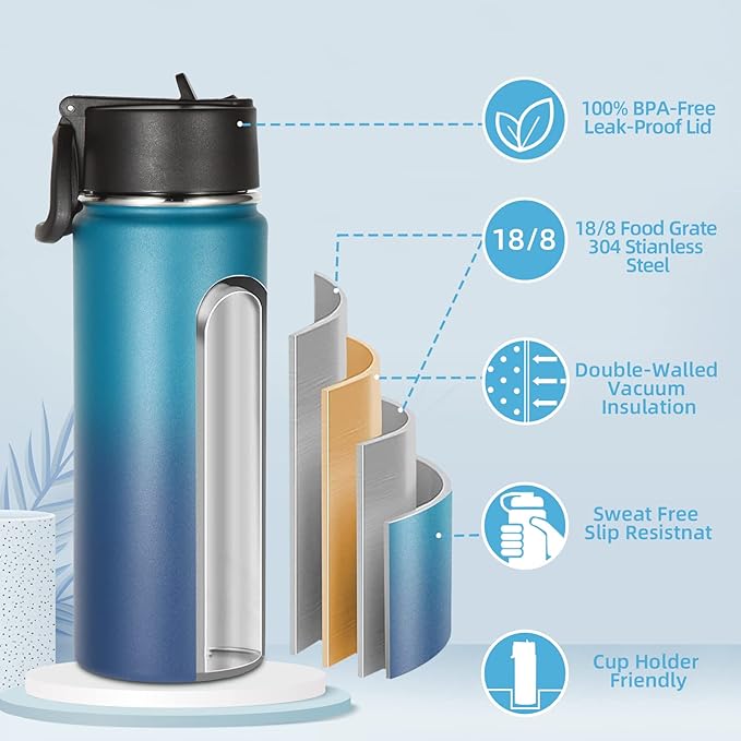Volhoply Kids Insulated Water Bottle with Straw,16oz Stainless Steel Cold Water Bottles for School,BPA-Free Metal Wide Mouth Cups with Handle,Reusable Double Wall Vacuum Sport Flask(Dark Night,1)