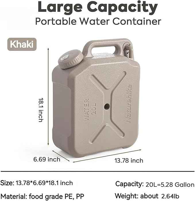Naturehike Large Camping Water Container with Spigot, Truly No Leakage Emergency Water Tank - Khaki, 5.28 Gallon