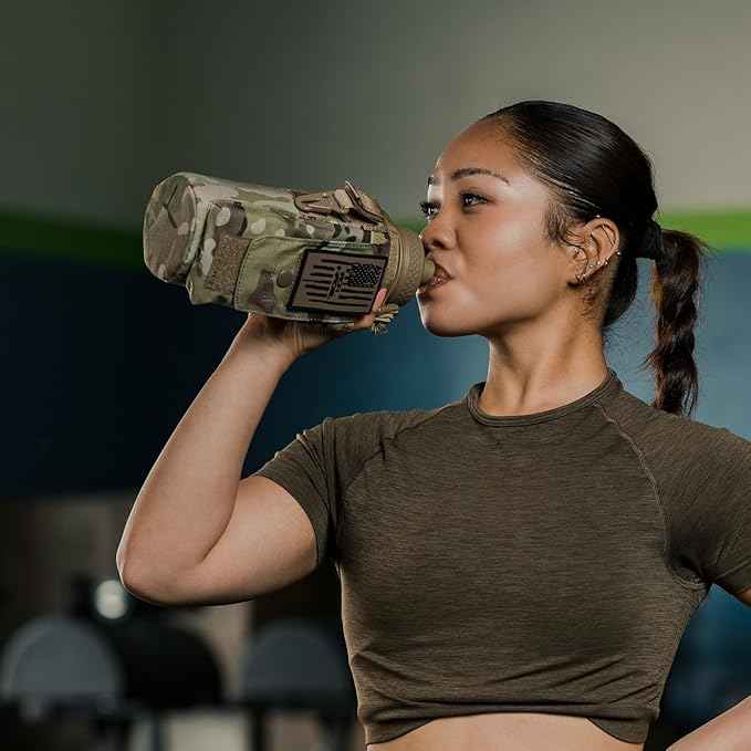 Iron Infidel Battle Bottle - 32 Oz Insulated Water Bottle with Straw Lid & Chug Cap, Stainless Steel Metal Tactical Flask With Rugged, Removable Sleeve for Keys & Phone or Wallet (OCP Camo 1 Liter)