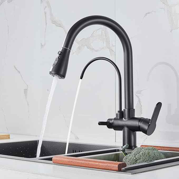 POPFLY Modern Kitchen Faucet with Drinking Water Faucet, 2 Handle 3 in 1 Water Filter Purifier Faucet with Pull Down Sprayer, Brass Body, Black