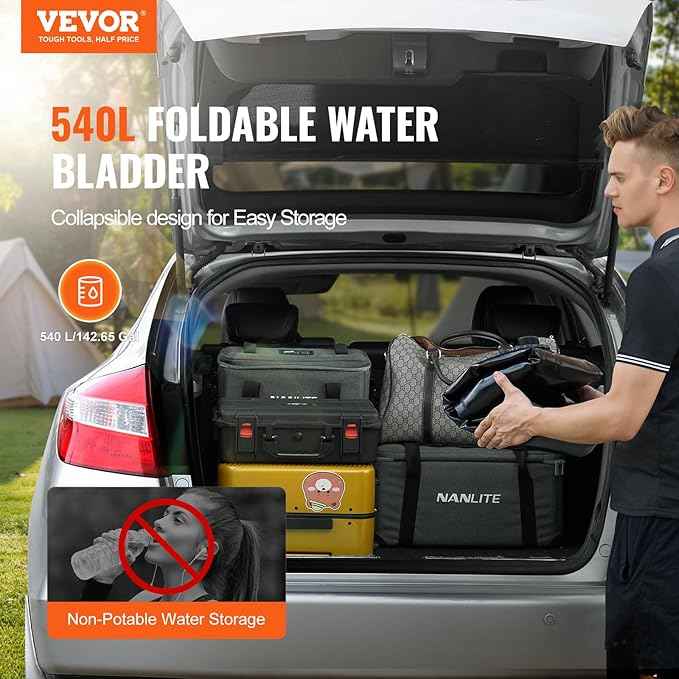 VEVOR 540L/142.7 Gallon Water Storage Bladder, RV Water Tank, 1000D PVC Collapsible Water Storage Containers, Large Capacity Soft Water Bag, Portable Water Bladder, Fire Prevention, Camping, Emergency