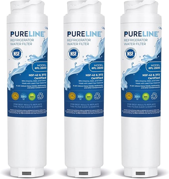 Pureline 9000 077104 UltraClarity REPLFLTR10 Water Filter Replacement for Bosch Ultra Clarity 9000194412, 644845, B26FT70SNS, B22CS80SNS, B22CS50SNS, Haier 0060820860, Miele KWF1000 (3 Pack) - AquaVibe