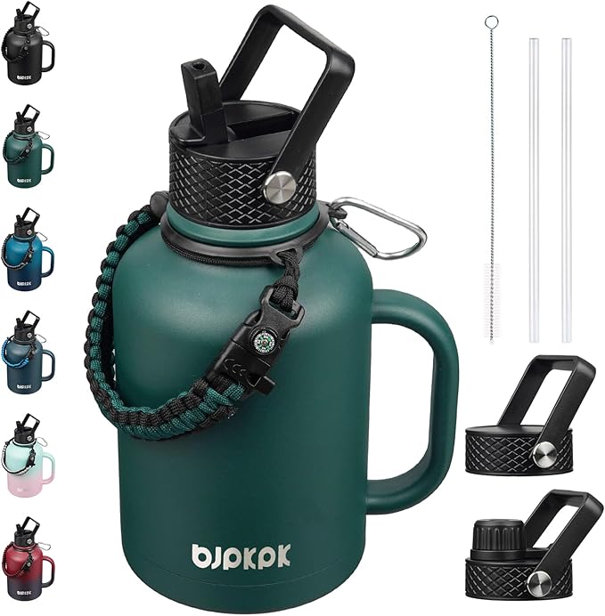 BJPKPK Large Insulated Water Bottles with Straw Lid & Handle, 50oz Water Bottle with 3 Lids and Paracord Strap, Stainless Steel Metal Water Bottle, Insulated Water Jug, Army Green