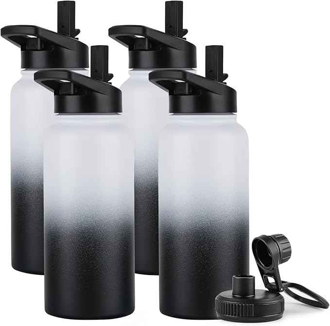 DOMICARE 32 oz Insulated Water Bottle Bulk, Vacuum Insulated Stainless Steel Sports Water Bottle with Straw Lid & Spout Lid, Leakproof, Reusable - Travel, Camping, Bike, Black White Gradient (4 Pack)