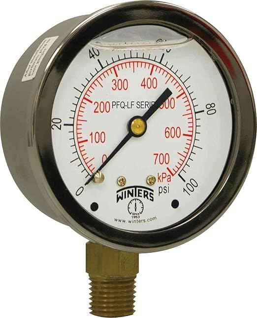 Winters 2-1/2" Dial Size, Liquid Filled Pressure Gauge, Potable Brass Internals, 304 Stainless Steel Case, Dual Scale 0-100 psi/kPa, 1.5% Acc, 1/4" NPT Bottom Mount, Drinking Water Pressure Gauge