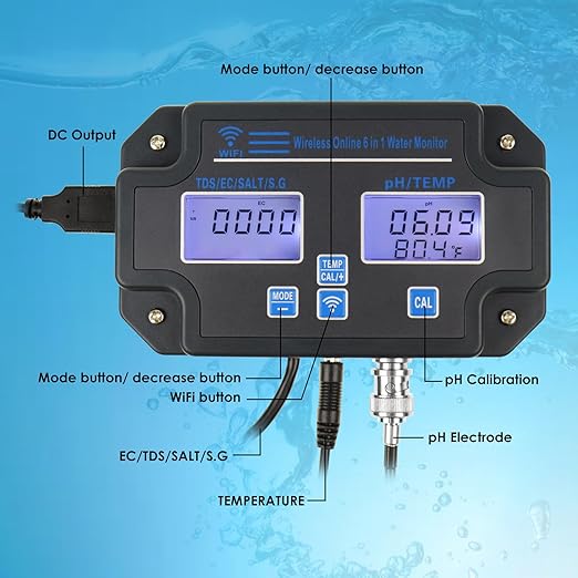Professional 6-in-1 Water Quality Monitor Tests pH, TDS, EC, Salinity, SG, Temperature Wi-Fi Smart Sensor with App & Data Logging for Aquarium, Fish Pond, Hydroponics