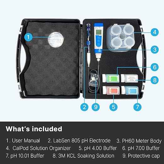 Apera Instruments PH60-PW Handheld pH Meter Tester Kit with LabSen 805 ATC pH Electrode for Lab-Grade pH Measurement in Pure Water and Water Solutions with Low Ionic Strength