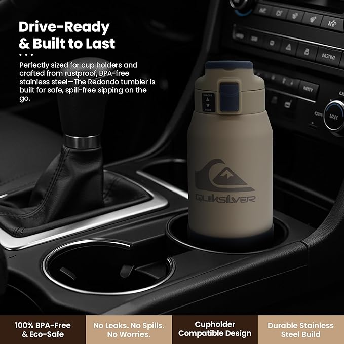 Quiksilver Redondo 32oz Double Wall Stainless Steel Water Bottle, Reusable Sports Bottle with Leak-Proof Lid, Non-Slip Rubber Base, Carrier Handle, insulated Tumblers, 24H Hot & Cold Beverage