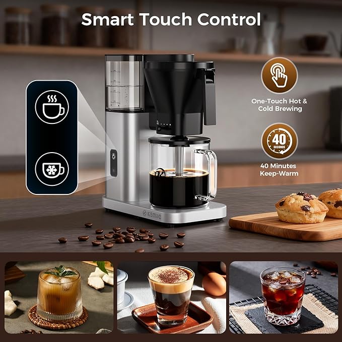 Kismile 8 Cup Drip Coffee Maker Machine, Pour Over Coffee Brew with 3s Instant Heat 197-205℉, Removable Water Tank, Adjustable Flow Control, Deep Cold Brew & Keep Warm 40 Min, Easy to Clean (silver)