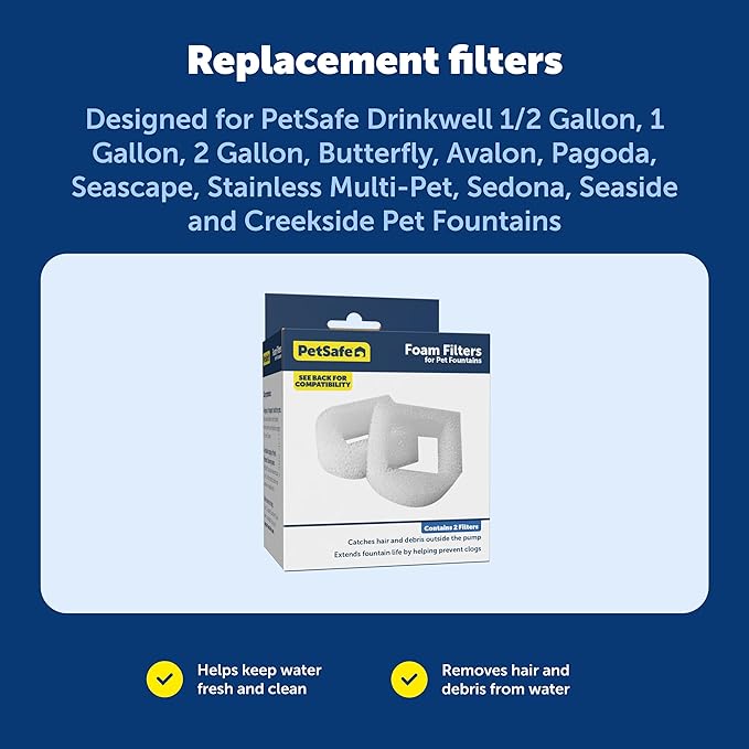 PetSafe Drinkwell Replacement Foam Filters - Improves Water Cleanliness - Protects Pump - Catches Hair & Debris - Compatible with Ceramic, Stainless, & Plastic Pet Fountains