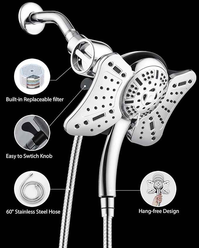 GRICH 2.5GPM Shower Head with Handheld Spray Combo: 2 in 1 Rainfall Shower Heads high pressure & Handheld Shower Head, 9 Spray Modes/Settings Detachable Shower Head with 60 Inch Hose, Chrome Filtered