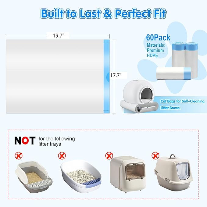 60 Count Self Cleaning Cat Litter Box Liners Bag Compatible with MeoWant MW-SC01,MW-SC02, Drawstring Heavy Duty Kitty Litter Receptacles Bags Fit For Automatic Cat Litter Box-17.7" x 19.7" - AquaVibe
