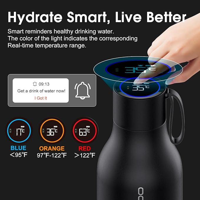 VSITOO 33oz Smart Self Cleaning Water Bottle，Insulated Water Bottle with Stainless Steel, BPA-Free, AI Self-Clean, 30-Day Battery, Magnetic Charging for Travel, Gym or Office, Black
