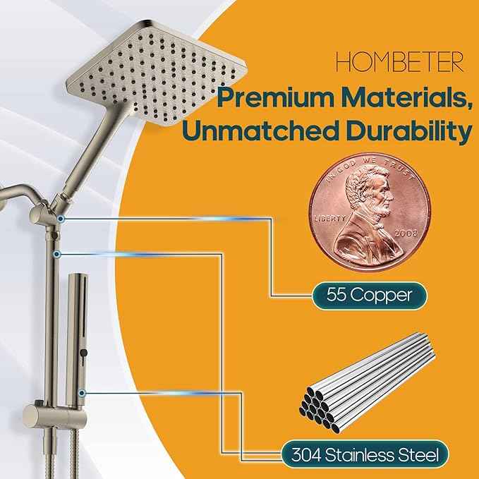 High Pressure Rain Shower Head with Handheld Combo, 10 Inch Square Rainfall Showerhead, Adjustable Slide Bar Dual Shower System, 3 Spray Modes, 59" Stainless Steel Hose, Brushed Nickel