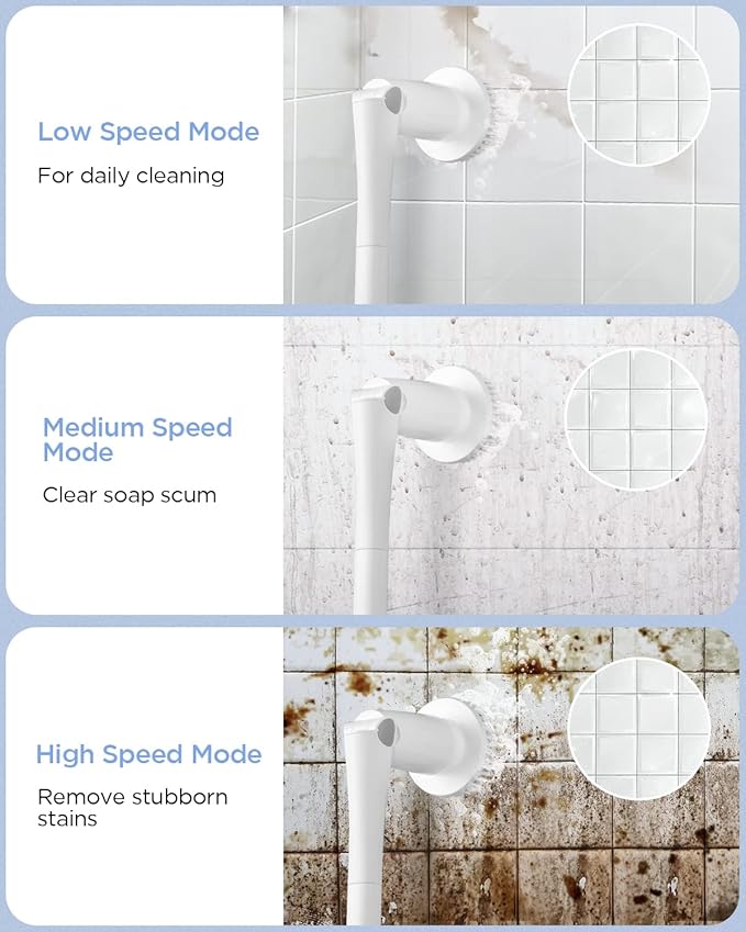 Electric Spin Scrubber, 360 Cordless Shower Scrubber, Electric Spin Cleaner with 4 Replaceable Shower Cleaning Brush Heads and 1 Extension Arm for Tub, Tile, Kitchen, Bathroom