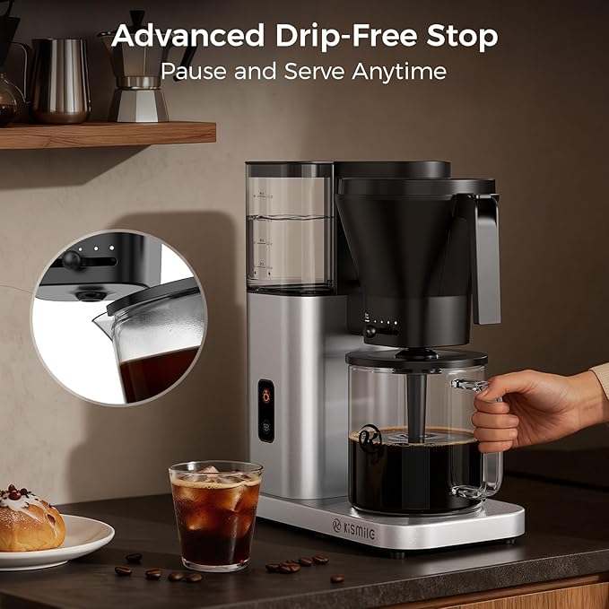 Kismile 8 Cup Drip Coffee Maker Machine, Pour Over Coffee Brew with 3s Instant Heat 197-205℉, Removable Water Tank, Adjustable Flow Control, Deep Cold Brew & Keep Warm 40 Min, Easy to Clean (silver)
