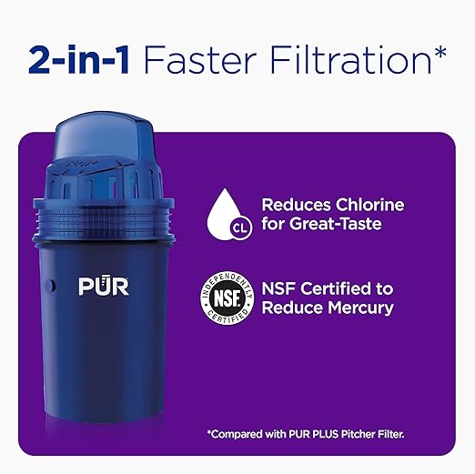 PUR 30-Cup Countertop Water Filter Dispenser, 1 Genuine PUR Filter, 2-in-1 Powerful Filtration, Lasts 2 Months or 40 Gallons, Dishwasher Safe, White/Blue (DS1800Z)