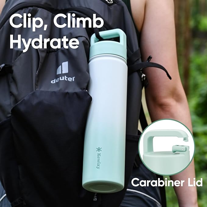 24 oz Insulated Water Bottle, 2-in-1 Lid, Straw & Spout with Protected, Leak Proof, Keep Cold 24H, Cup Holder Fit, Stainless Steel, Metal, Reusable, for Travel, Gym and School, 2 Lids, Iced Mint