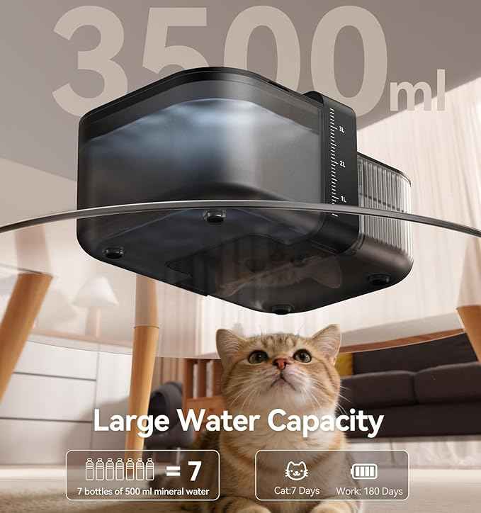 FEELNEEDY Wireless No Filters Cat Water Fountain, Wastewater Separation, Stainless Steel Bowl, 3000mAh 3.5L Pet Water Fountain for Indoor Cats & Dogs Dispenser, Black