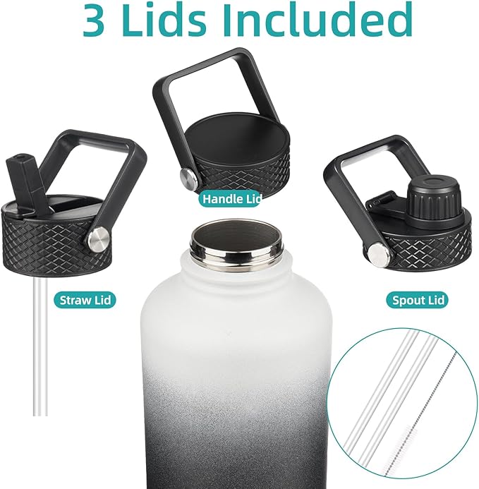 Insulated Water Bottle with Straw,87 oz 3 Lids Water Jug with Carrying Bag,Paracord Handle,Double Wall Vacuum Stainless Steel Metal Flask,Day Night
