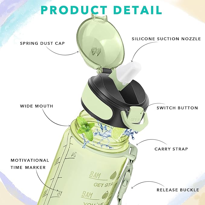 Enerbone 32 oz Water Bottle with Times to Drink and Straw, Motivational Drinking Water Bottles with Carrying Strap, Leakproof BPA & Toxic Free, Ensure You Drink Enough Water for Fitness Gym Outdoor