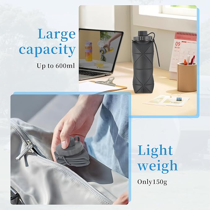 YCT Collapsible Silicone Travel Water Bottle 20oz (600ml), Reuseable Leakproof BPA Free Foldable Sports Bottle, with Carrying Strap, Dark Gray + Purple