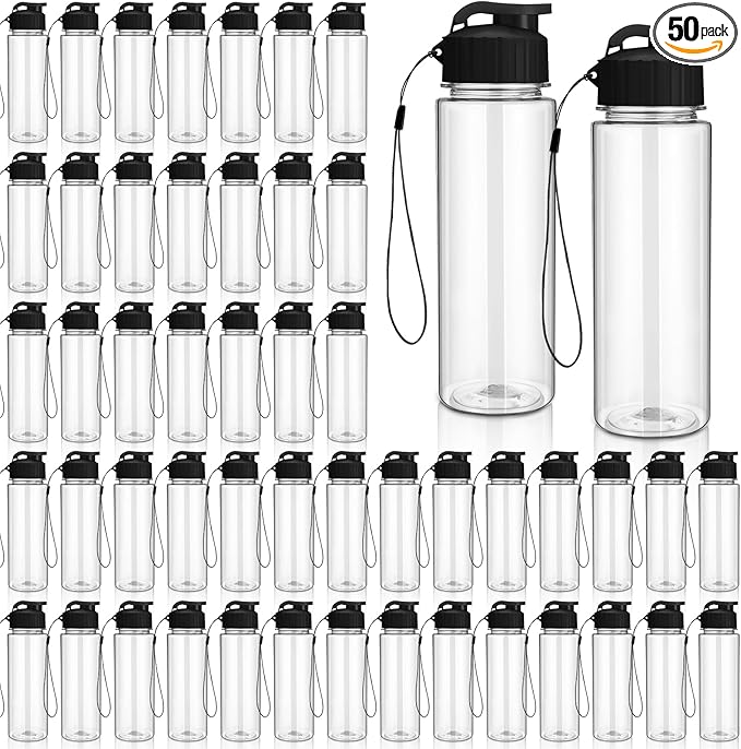 Domensi 50 Pieces Plastic Water Bottle Bulk 17 oz Sports Adults Reusable Large Water Bottles with Leak Proof Flip Top for Adults Fitness(Black)
