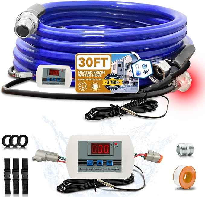 Cupohus Heated Water Hose for RV 30FT - Removable Adjustable Thermostat w/Real-Time Monitor Controller, -45℉ Freeze Protection for Winter Camping Travel, RV Owners & Outdoor Enthusiasts, 110-120V