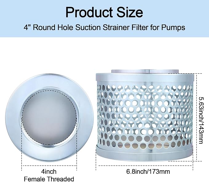 Round Hole Suction Strainer Filter for Pumps, Carbon Plated Steel Basket Water Suction Filter, with NPT Female Thread, Reduces Solids Entering Pump (4 inch)