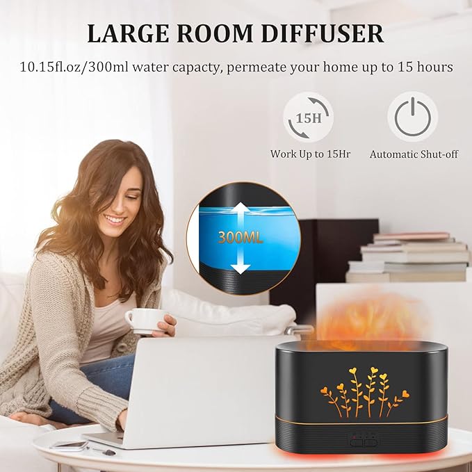 RGB Flame Diffusers for Essential Oils Large Room-Upgraded 300ML Aroma Diffuser Humidifier-Remote Control for Home Office Shop Gym