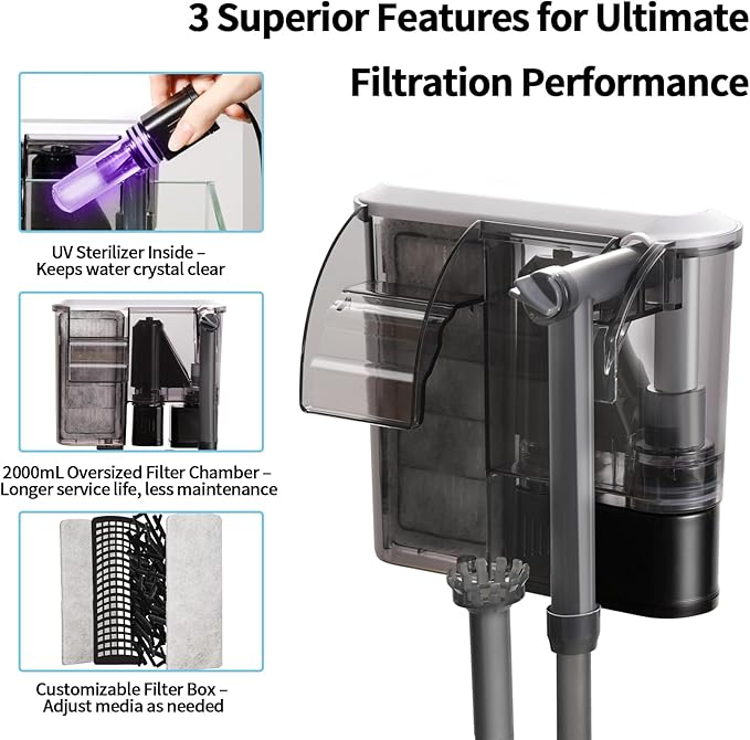 U1 Aquarium Filter with Built-in UV Sterilizer for Green Water Control, 2000mL Extra-Large Filter Chamber, Anti-Splash High Walls & Extended Adjustable Intake Pipe for 30-50 Gallon Fish Tanks
