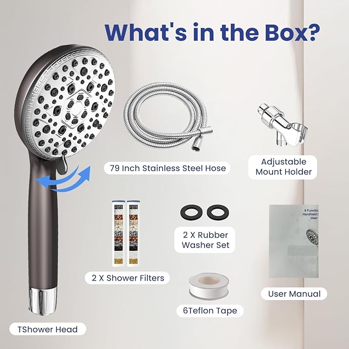 Filtered Shower Head with Handheld,7 Spray Settings High Pressure Showerhead Built in Power Wash to Clean Tub, Tile & Pet, Showerhead with Filters for Hard Water - Remove Chlorine, (Gray) - AquaVibe
