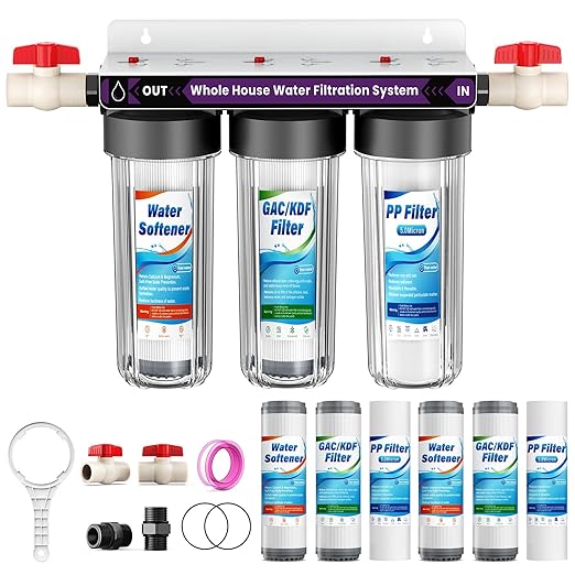 Whole House Water Filter System, 3-Stage Whole Home Water Softener System Highly Reduces Taste,Iron,Scale,Lead,Chlorine, with Heavy Metal and Anti-Scale Filter,3/4" Ports, Extra 1 Year Filter