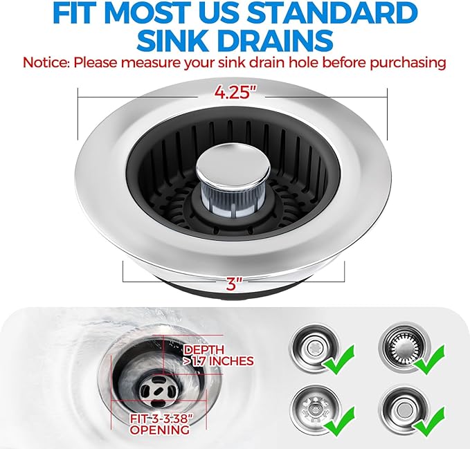 Kitchen Sink Drain Strainer - 2Pack Sink Stopper, Drain Protector, Kitchen Drain Plug & Sink Installation Parts with Anti-Clogging Basket, Fit US Standard 3-1/2'' Sink Drain Hole, Black