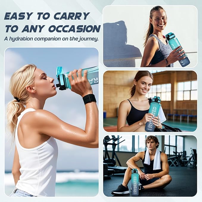 Water Bottle, 32 oz Sports Water Bottles with Time Marker Wide Mouth, Motivational and Leakproof Drink Bottle, BPA Free Tritan with Carry Strap for Gym Fitness Outdoor(1 Bottle)
