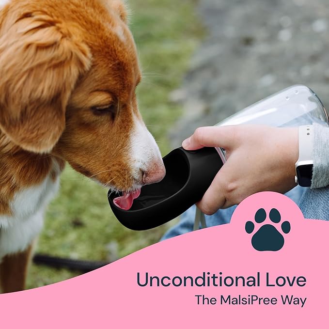 MalsiPree Dog Water Bottle - 19 Oz, Black, BPA-Free Stainless Steel - Portable & Lightweight Water Dispenser with Bowl for Dogs - Leak-Proof & No-Waste Design for Travel - AquaVibe