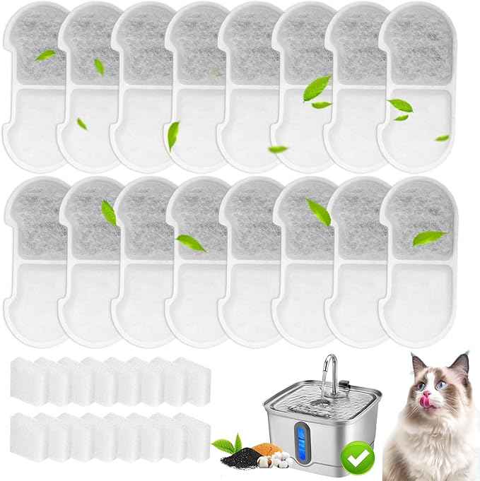 16+16 Pack Replacement Filters for SEIRMEP 101oz/3L Stainless Steel Cat Water Fountain, Includes 16 Filters & 16 Sponges